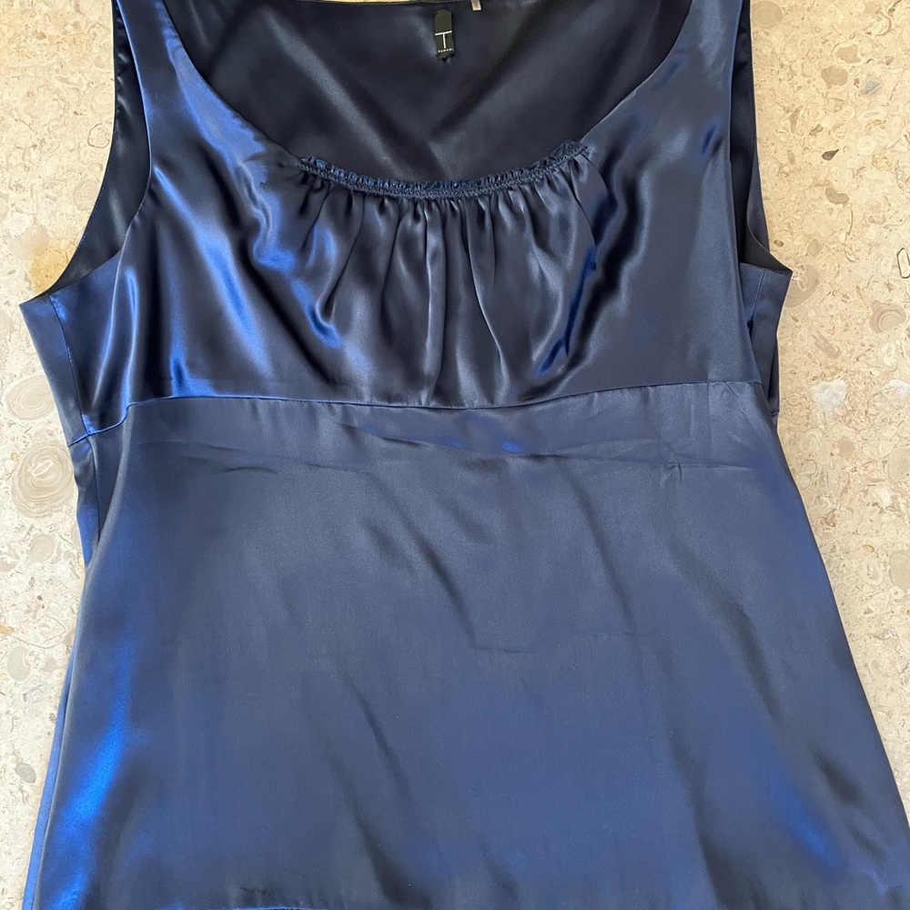 T Tahari Blue Silk Ruched-Top Blouse